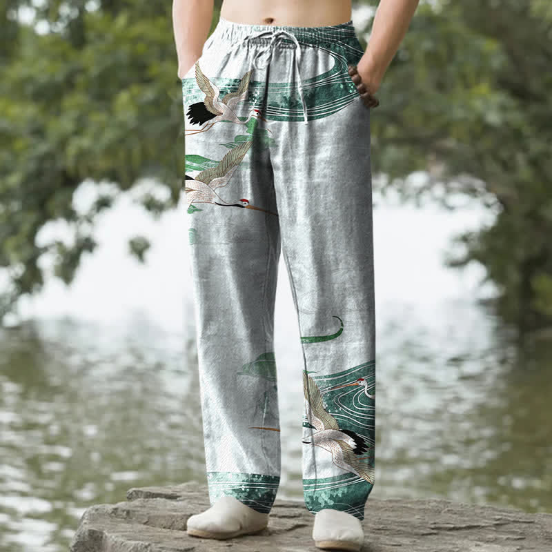 Buddha Stones Pantalones de hombre de algodón blanco con estampado de grullas y olas, corte cónico y bolsillos. - image 6