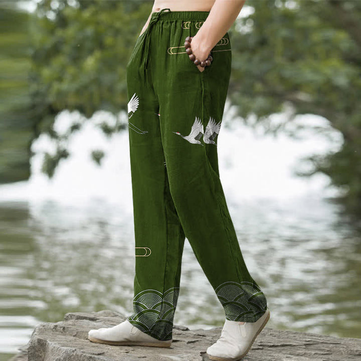 Buddha Stones Pantalones de hombre de algodón blanco con estampado de grullas y olas, corte cónico y bolsillos. - image 5