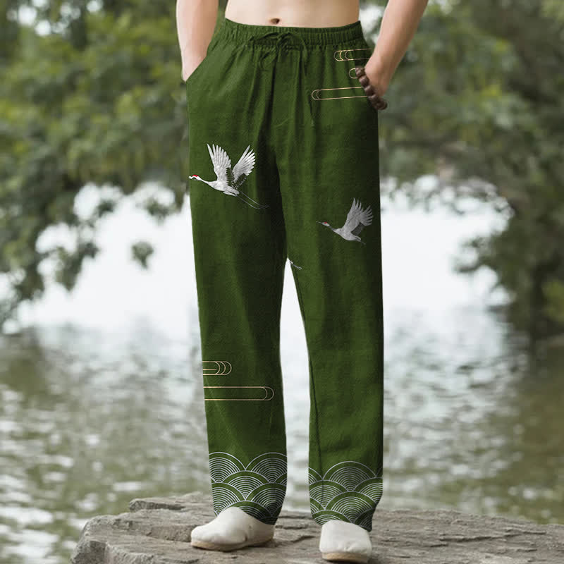Buddha Stones Pantalones de hombre de algodón blanco con estampado de grullas y olas, corte cónico y bolsillos. - Verde oliva - US/UK/AU50, EU60 (5XL) - image 4