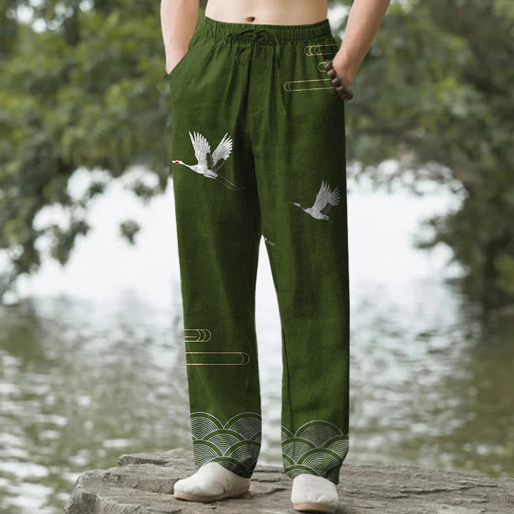 Buddha Stones Pantalones de hombre de algodón blanco con estampado de grullas y olas, corte cónico y bolsillos. - Verde oliva - US/UK/AU50, EU60 (5XL) - image 4
