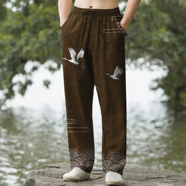 Buddha Stones Pantalones de hombre de algodón blanco con estampado de grullas y olas, corte cónico y bolsillos. - Marrón silla de montar - US/UK/AU50, EU60 (5XL) - image 6