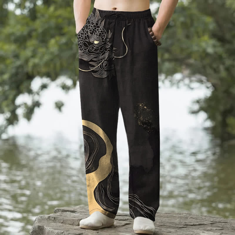 Buddha Stones Pantalones de hombre de algodón con estampado de ondas de dragón dorado y corte ajustado, con bolsillos. - Negro - US/UK/AU50, EU60 (5XL) - image 0