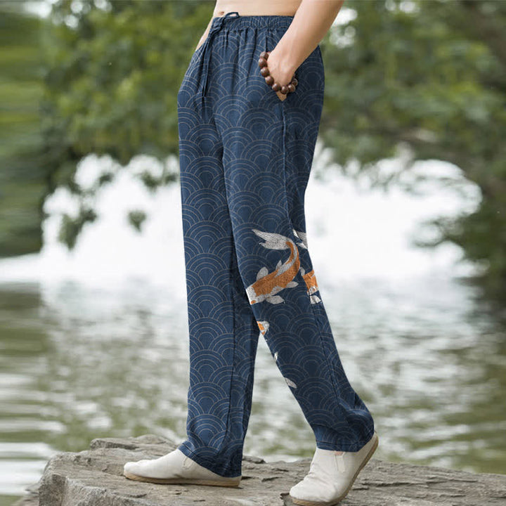 Buddha Stones Pantalones de algodón para hombre con estampado de olas y peces koi, corte ajustado y bolsillos. - image 1