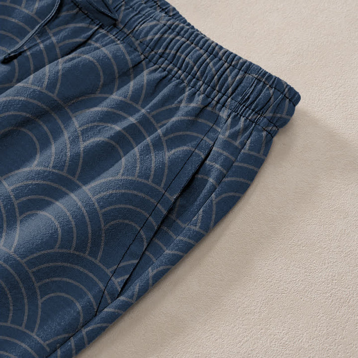 Buddha Stones Pantalones de algodón para hombre con estampado de olas y peces koi, corte ajustado y bolsillos. - image 2