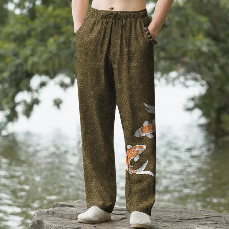 Buddha Stones Pantalones de algodón para hombre con estampado de olas y peces koi, corte ajustado y bolsillos. - Aceituna - US/UK/AU50, EU60 (5XL) - image 4