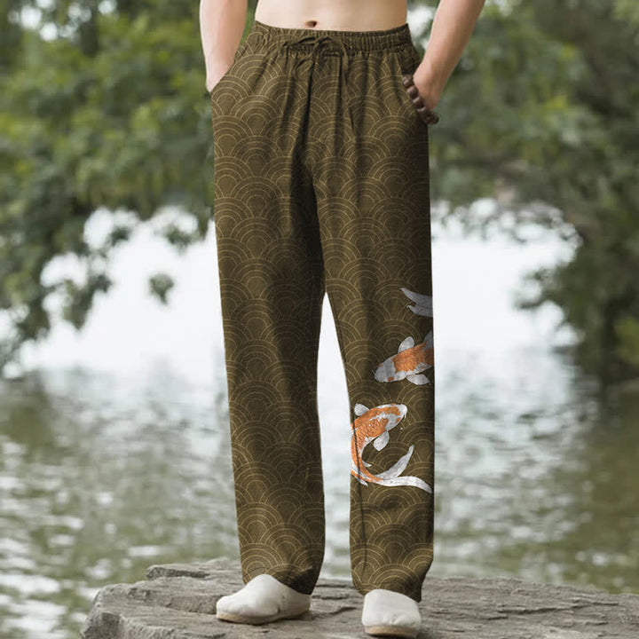 Buddha Stones Pantalones de algodón para hombre con estampado de olas y peces koi, corte ajustado y bolsillos. - Aceituna - US/UK/AU50, EU60 (5XL) - image 4