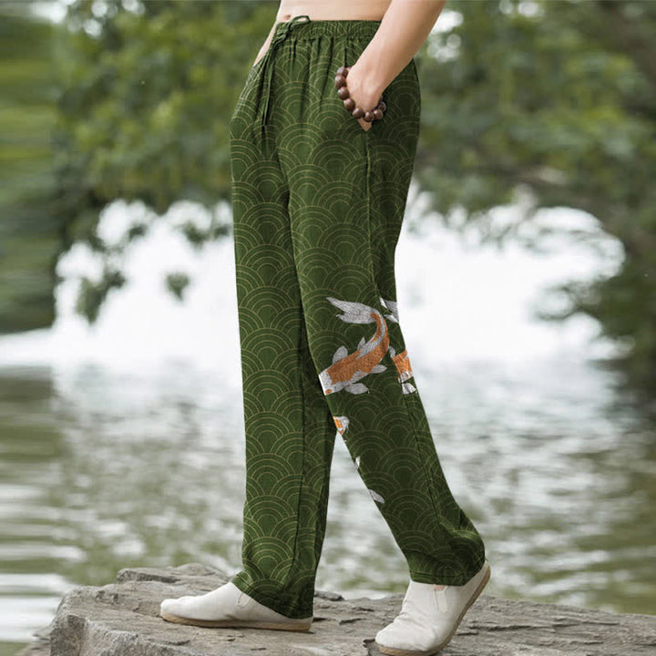 Buddha Stones Pantalones de algodón para hombre con estampado de olas y peces koi, corte ajustado y bolsillos. - image 7