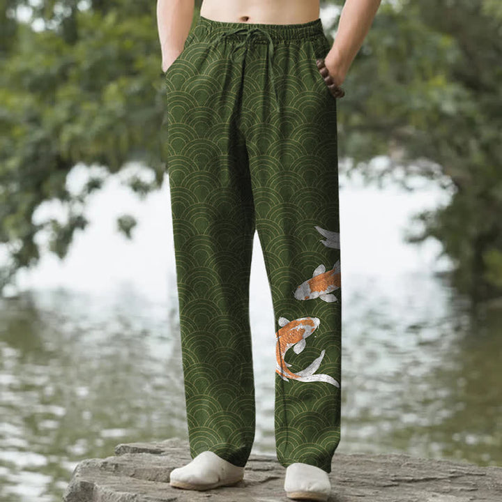 Buddha Stones Pantalones de algodón para hombre con estampado de olas y peces koi, corte ajustado y bolsillos. - Verde bosque - US/UK/AU50, EU60 (5XL) - image 6