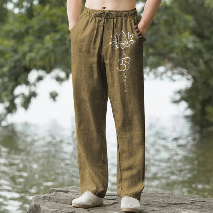 Buddha Stones Pantalones de hombre de algodón con estampado Om de loto, corte ajustado y bolsillos. - Vara de oro oscura - US/UK/AU50, EU60 (5XL) - image 6