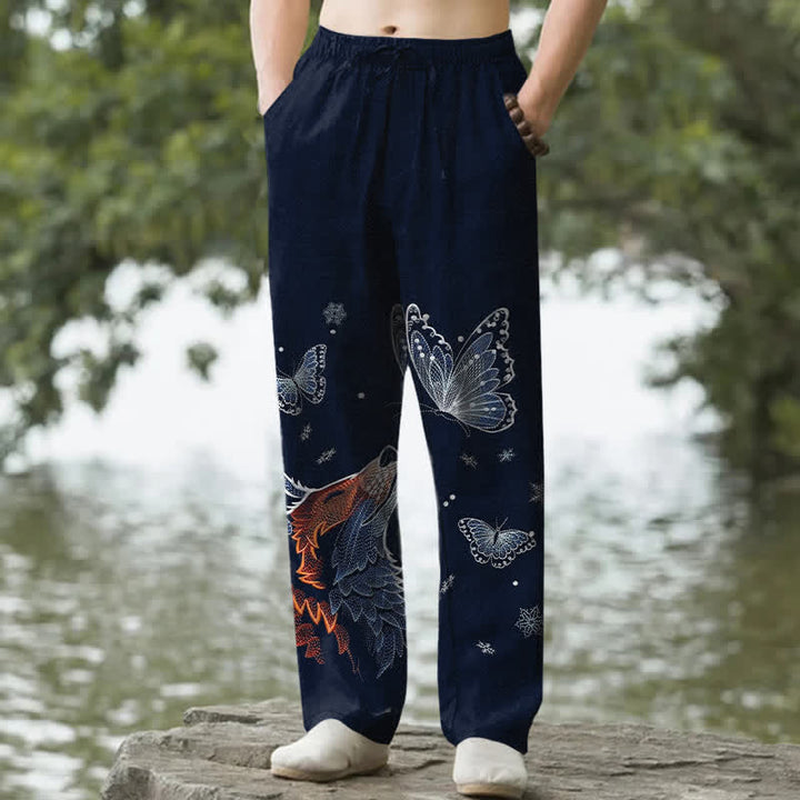 Buddha Stones Pantalones de hombre de algodón con estampado de mariposa y zorro, corte ajustado y bolsillos. - Marina de guerra - US/UK/AU50, EU60 (5XL) - image 4