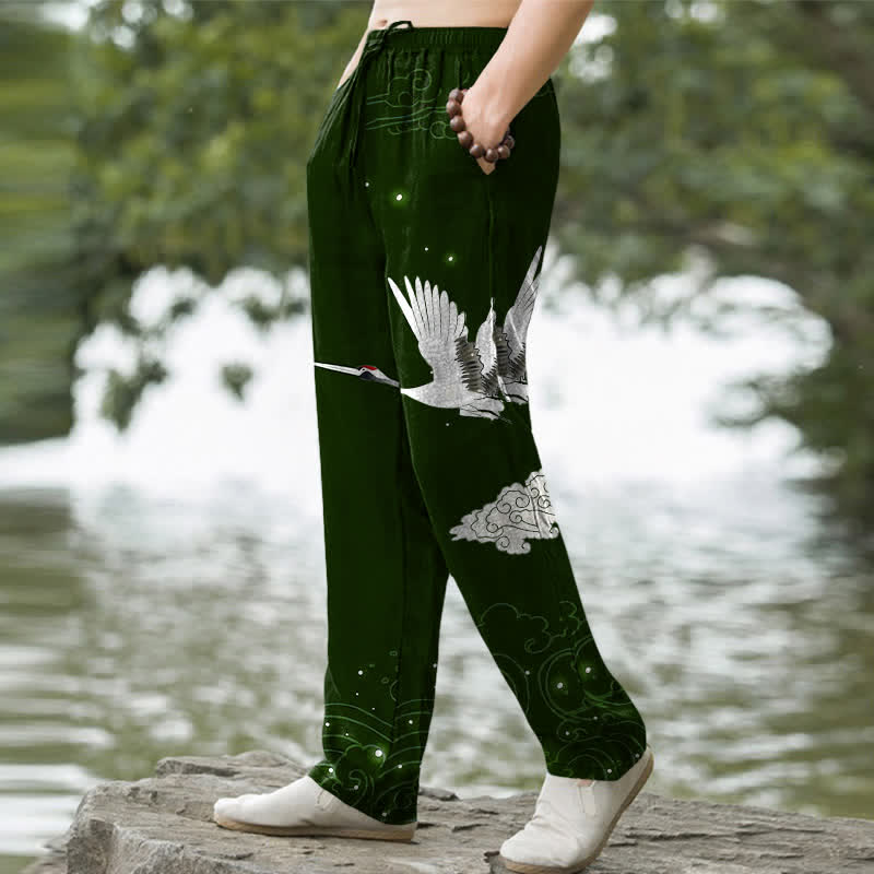 Buddha Stones Pantalones de hombre cónicos con bolsillos, estampado de grulla blanca voladora de algodón y olas blancas. - image 1
