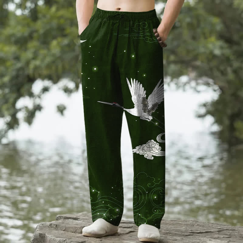 Buddha Stones Pantalones de hombre cónicos con bolsillos, estampado de grulla blanca voladora de algodón y olas blancas. - Verde oscuro - US/UK/AU50, EU60 (5XL) - image 0