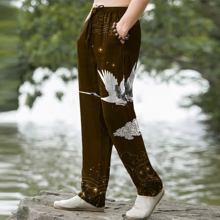 Buddha Stones Pantalones de hombre cónicos con bolsillos, estampado de grulla blanca voladora de algodón y olas blancas. - image 7