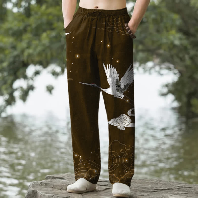 Buddha Stones Pantalones de hombre cónicos con bolsillos, estampado de grulla blanca voladora de algodón y olas blancas. - Marrón silla de montar - US/UK/AU50, EU60 (5XL) - image 6