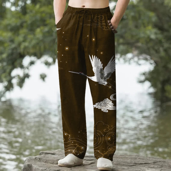 Buddha Stones Pantalones de hombre cónicos con bolsillos, estampado de grulla blanca voladora de algodón y olas blancas. - Marrón silla de montar - US/UK/AU50, EU60 (5XL) - image 6