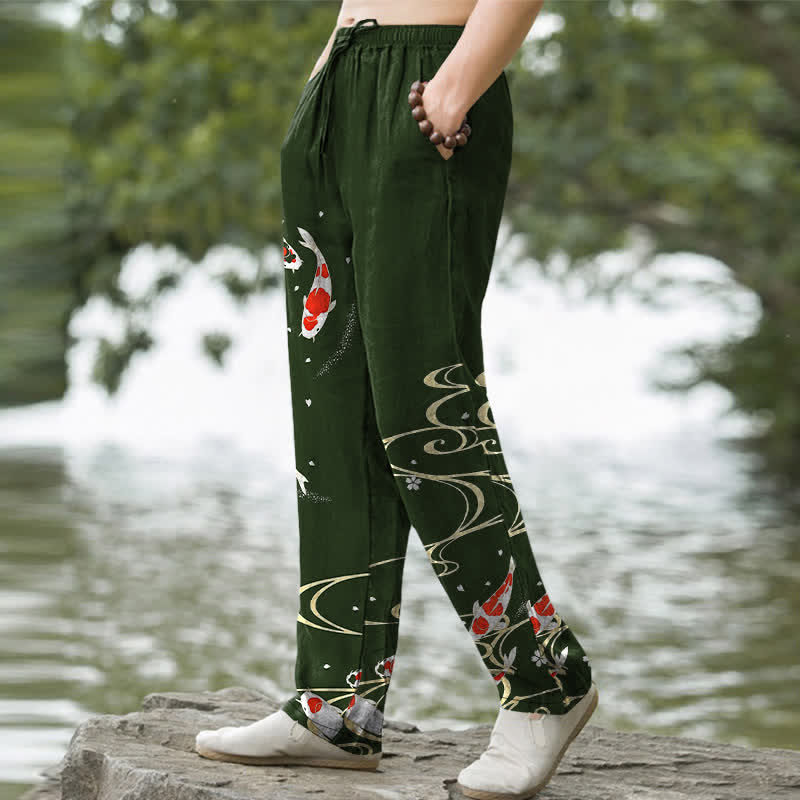 Buddha Stones Pantalones de hombre de algodón con estampado de peces koi rojos y blancos y corte ajustado, con bolsillos. - image 1