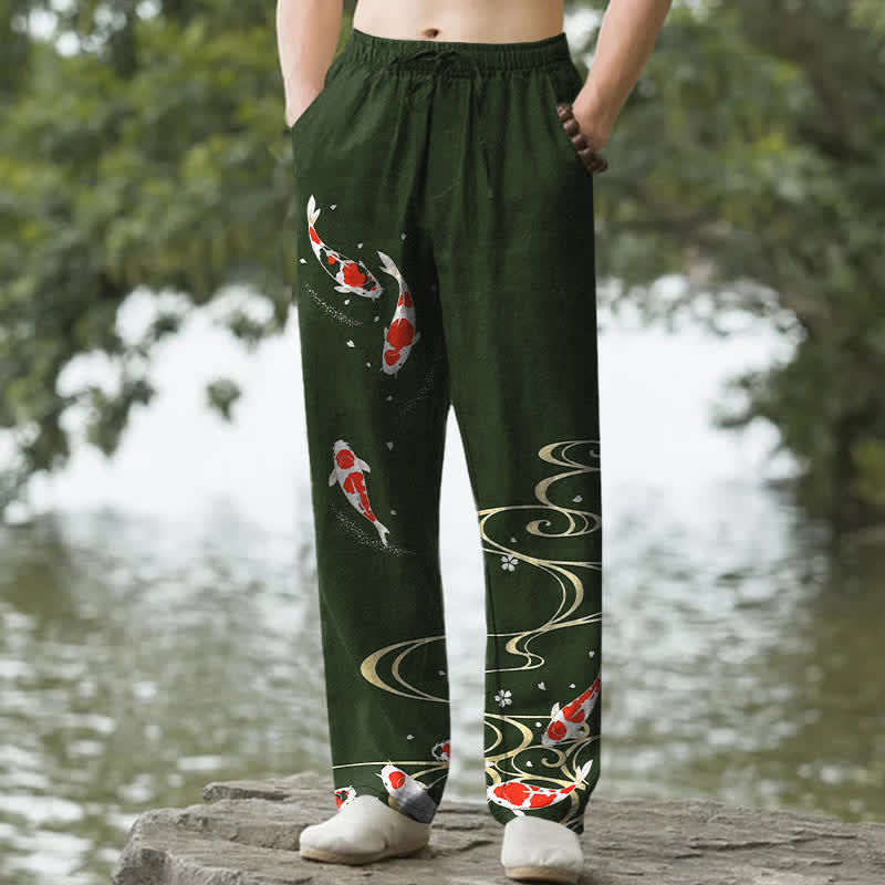 Buddha Stones Pantalones de hombre de algodón con estampado de peces koi rojos y blancos y corte ajustado, con bolsillos. - Verde oscuro - US/UK/AU50, EU60 (5XL) - image 0