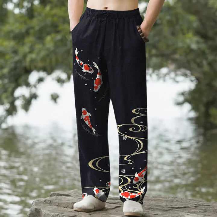 Buddha Stones Pantalones de hombre de algodón con estampado de peces koi rojos y blancos y corte ajustado, con bolsillos. - Negro - US/UK/AU50, EU60 (5XL) - image 4
