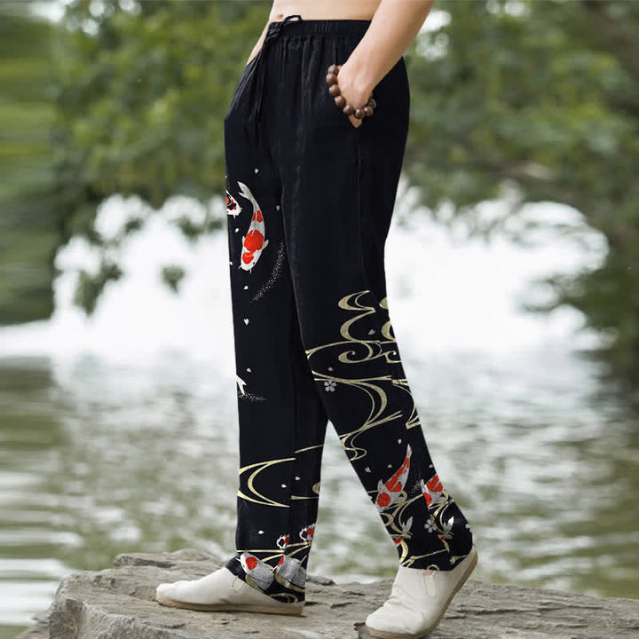 Buddha Stones Pantalones de hombre de algodón con estampado de peces koi rojos y blancos y corte ajustado, con bolsillos. - image 5
