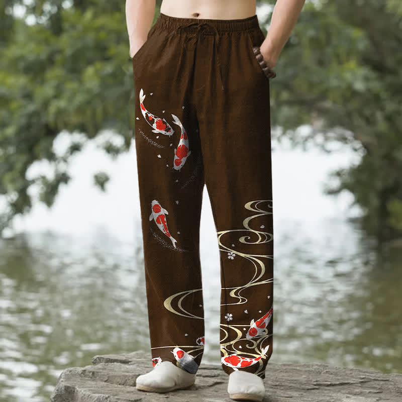Buddha Stones Pantalones de hombre de algodón con estampado de peces koi rojos y blancos y corte ajustado, con bolsillos. - Marrón silla de montar - US/UK/AU50, EU60 (5XL) - image 6