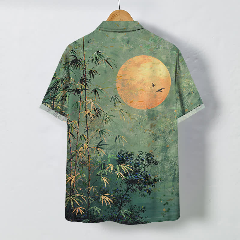 Buddha Stones Camisa transpirable de manga corta para hombre con botones y estampado de pájaros y luna de bambú - image 1