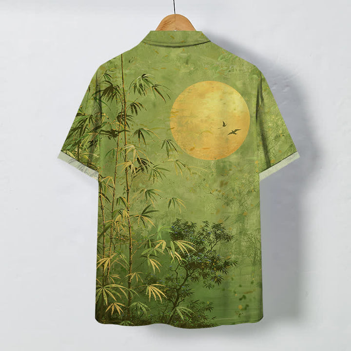 Buddha Stones Camisa transpirable de manga corta para hombre con botones y estampado de pájaros y luna de bambú - image 8