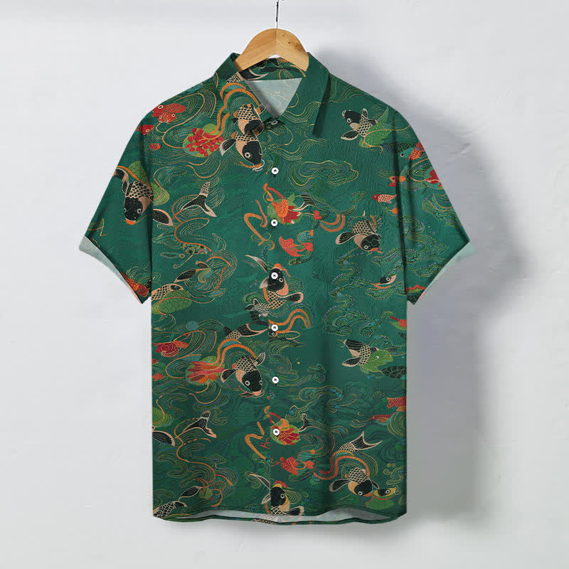 Buddha Stones Camisa transpirable de manga corta para hombre con estampado de nubes y olas de peces koi. - Verdemar - US/UK/AU48, UE58 (4XL) - image 0