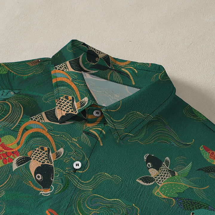 Buddha Stones Camisa transpirable de manga corta para hombre con estampado de nubes y olas de peces koi. - image 2