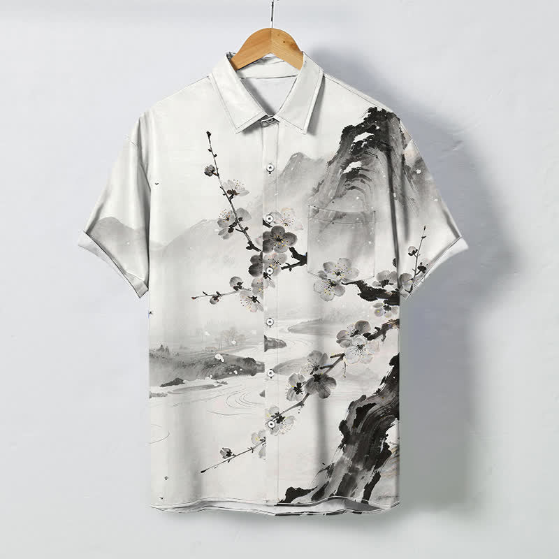 Buddha Stones Camisa de manga corta para hombre con botones y estampado de paisaje de flores de ciruelo, resistente a las arrugas. - Humo blanco - US/UK/AU48, UE58 (4XL) - image 0