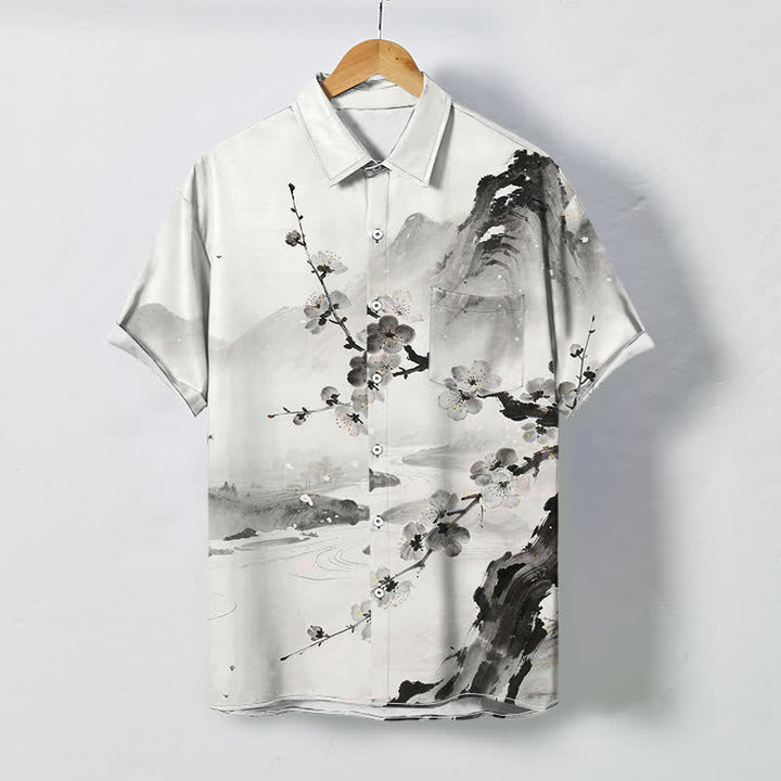 Buddha Stones Camisa de manga corta para hombre con botones y estampado de paisaje de flores de ciruelo, resistente a las arrugas. - Humo blanco - US/UK/AU48, UE58 (4XL) - image 0