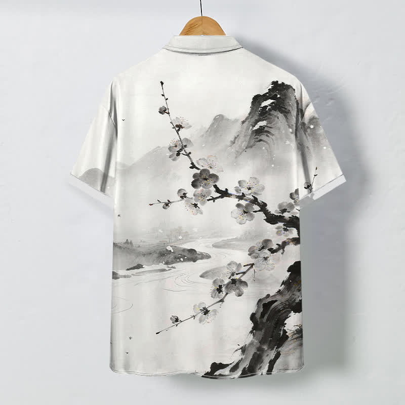 Buddha Stones Camisa de manga corta para hombre con botones y estampado de paisaje de flores de ciruelo, resistente a las arrugas. - image 1