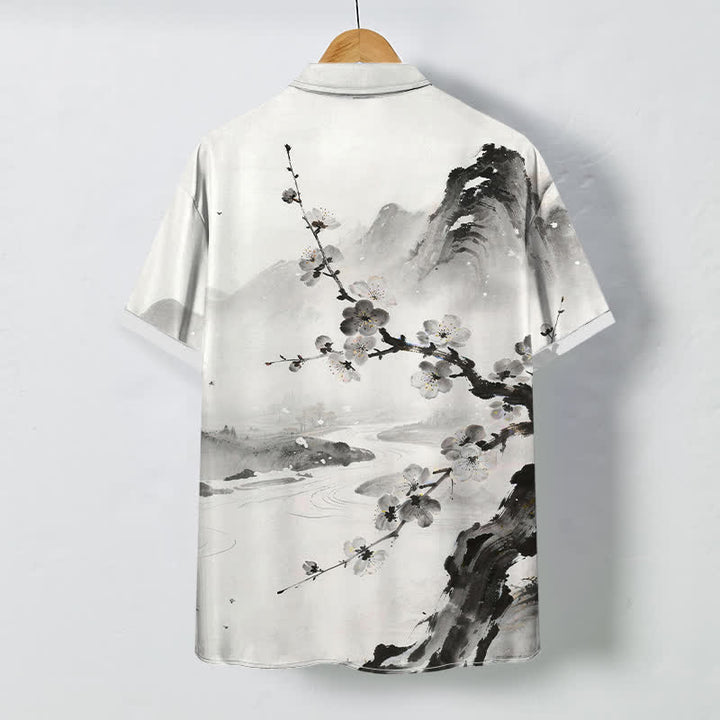 Buddha Stones Camisa de manga corta para hombre con botones y estampado de paisaje de flores de ciruelo, resistente a las arrugas. - image 1
