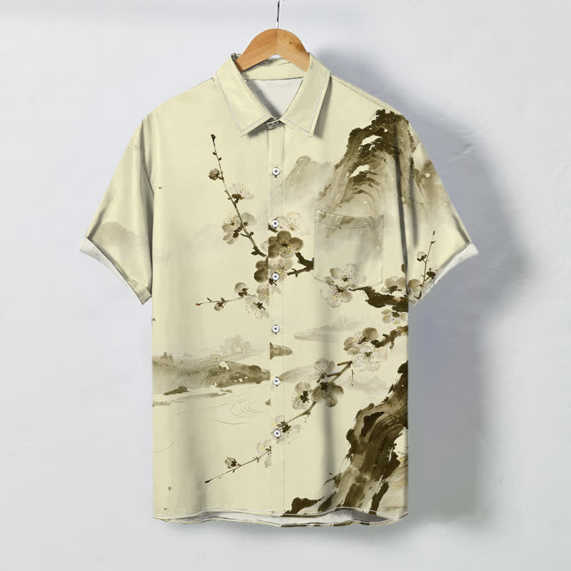 Buddha Stones Camisa de manga corta para hombre con botones y estampado de paisaje de flores de ciruelo, resistente a las arrugas. - seda de maíz - US/UK/AU48, UE58 (4XL) - image 3