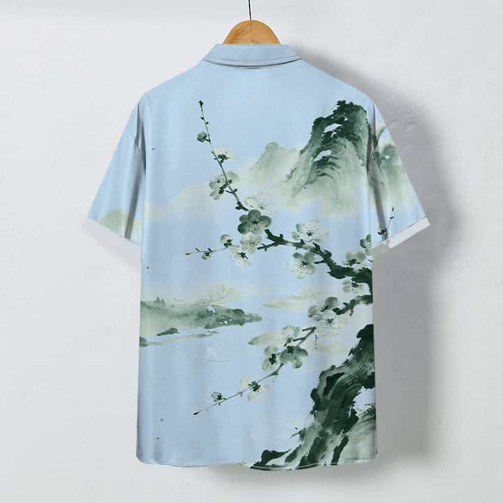 Buddha Stones Camisa de manga corta para hombre con botones y estampado de paisaje de flores de ciruelo, resistente a las arrugas. - image 6