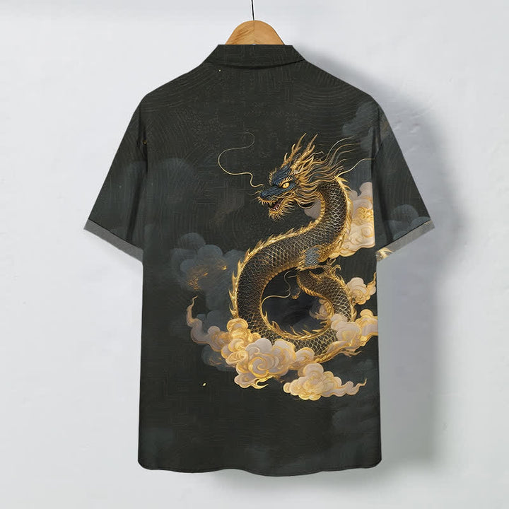 Buddha Stones Camisa de manga corta para hombre con botones y estampado de nube de dragón dorado, resistente a las arrugas. - image 1