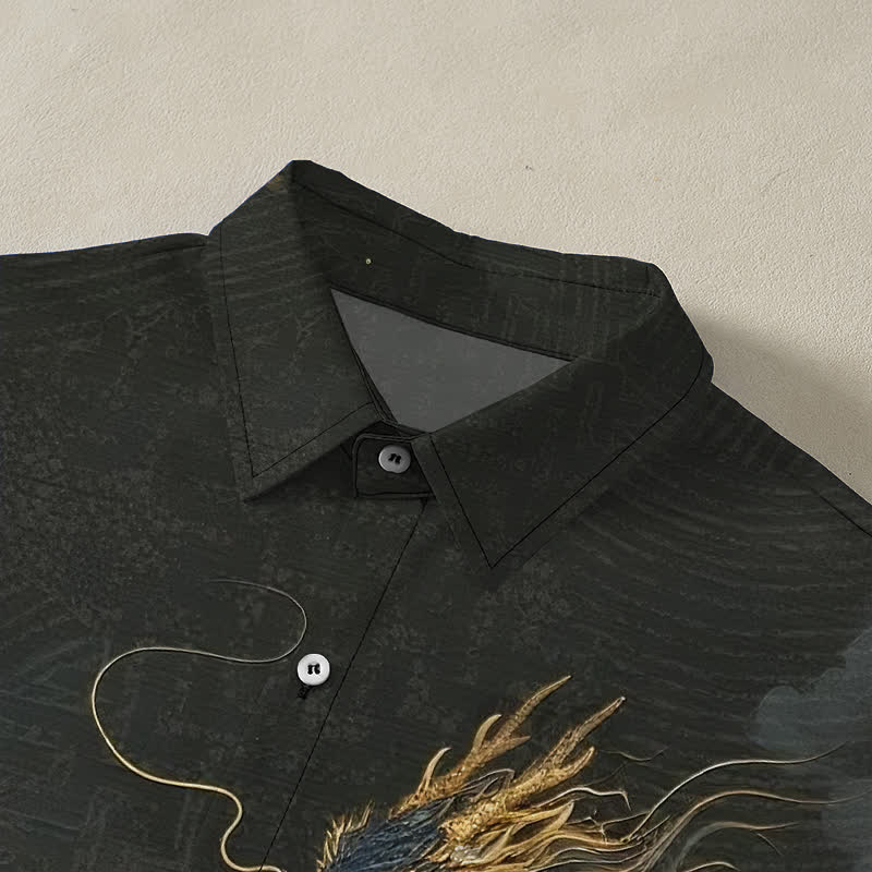 Buddha Stones Camisa de manga corta para hombre con botones y estampado de nube de dragón dorado, resistente a las arrugas. - image 2