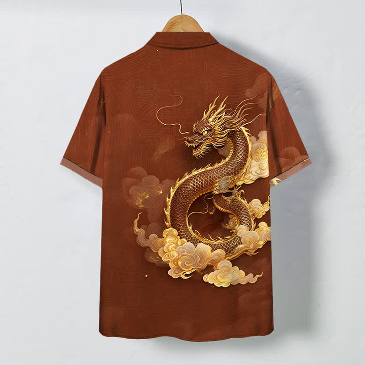 Buddha Stones Camisa de manga corta para hombre con botones y estampado de nube de dragón dorado, resistente a las arrugas. - image 6