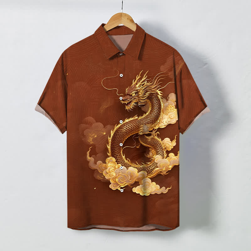Buddha Stones Camisa de manga corta para hombre con botones y estampado de nube de dragón dorado, resistente a las arrugas. - Marrón silla de montar - US/UK/AU48, UE58 (4XL) - image 5