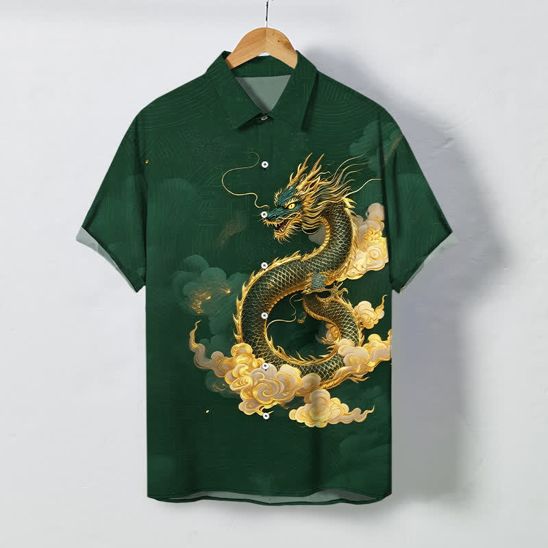 Buddha Stones Camisa de manga corta para hombre con botones y estampado de nube de dragón dorado, resistente a las arrugas. - Verde oscuro - US/UK/AU48, UE58 (4XL) - image 7