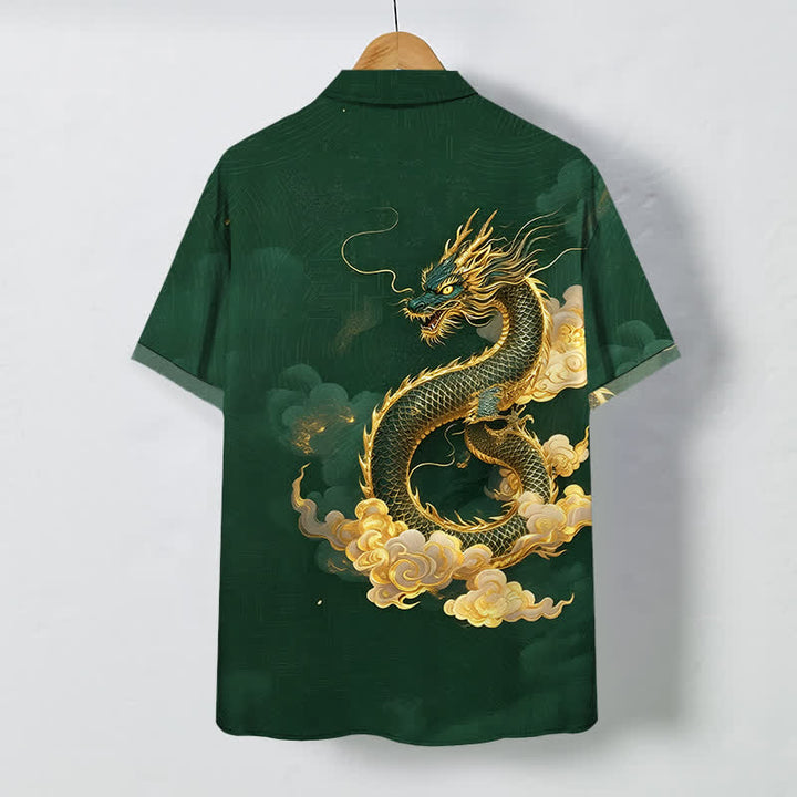 Buddha Stones Camisa de manga corta para hombre con botones y estampado de nube de dragón dorado, resistente a las arrugas. - image 8