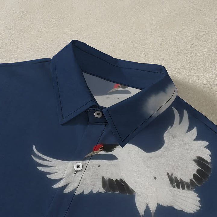 Buddha Stones Camisa de manga corta para hombre con botones y estampado de nubes y grulla blanca voladora, resistente a las arrugas. - image 2
