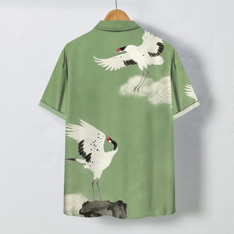 Buddha Stones Camisa de manga corta para hombre con botones y estampado de nubes y grulla blanca voladora, resistente a las arrugas. - image 6