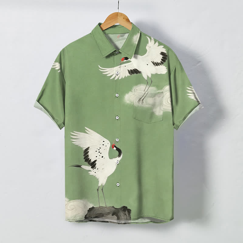 Buddha Stones Camisa de manga corta para hombre con botones y estampado de nubes y grulla blanca voladora, resistente a las arrugas. - Verde claro - US/UK/AU48, UE58 (4XL) - image 5