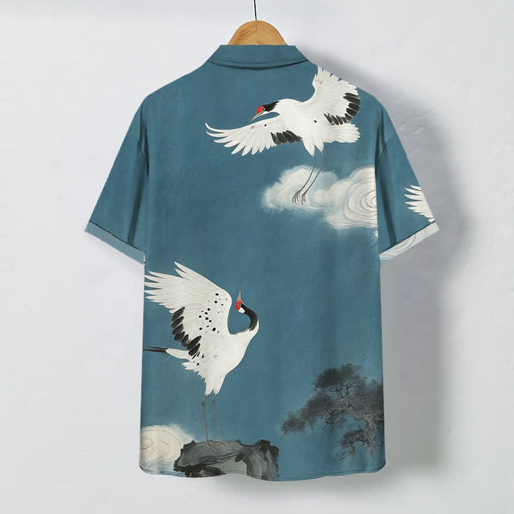 Buddha Stones Camisa de manga corta para hombre con botones y estampado de nubes y grulla blanca voladora, resistente a las arrugas. - image 8