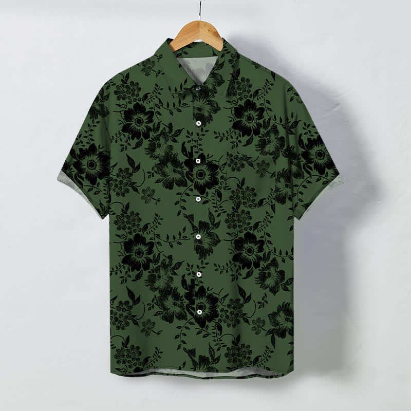 Buddha Stones Camisa de manga corta para hombre, resistente a las arrugas, con botones y estampado floral negro. - Verde oscuro - US/UK/AU48, UE58 (4XL) - image 5