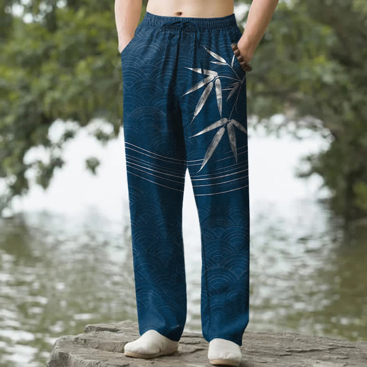 Buddha Stones Pantalones de hombre de algodón con estampado de hojas de bambú, corte ajustado y bolsillos. - image 4