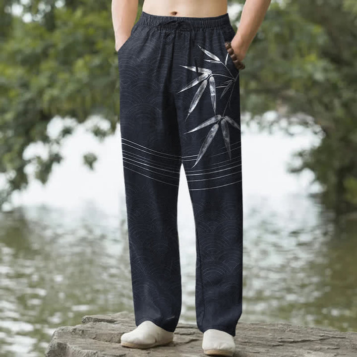 Buddha Stones Pantalones de hombre de algodón con estampado de hojas de bambú, corte ajustado y bolsillos. - Negro - US/UK/AU50, EU60 (5XL) - image 8