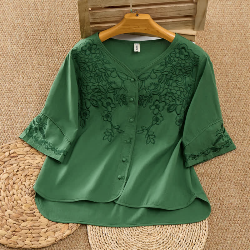 Buddha Stones Camisas de manga tres cuartos para mujer, estilo vintage, con cuello en V, botones y bordado floral, ideales para el verano. - Verde bosque - US8-10，UK/AU12-14，EU40-42 (2XL) - image 0