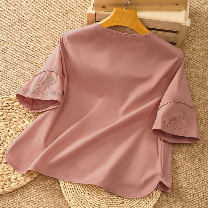 Buddha Stones Camisas de manga tres cuartos para mujer, estilo vintage, con cuello en V, botones y bordado floral, ideales para el verano. - image 8
