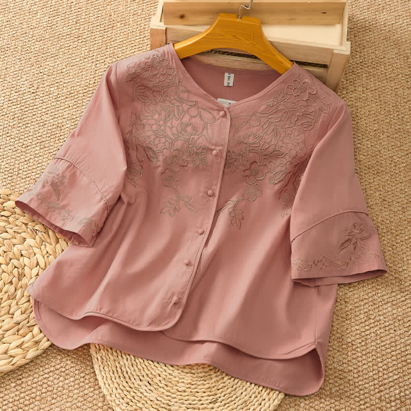 Buddha Stones Camisas de manga tres cuartos para mujer, estilo vintage, con cuello en V, botones y bordado floral, ideales para el verano. - Salmón oscuro - US8-10，UK/AU12-14，EU40-42 (2XL) - image 7